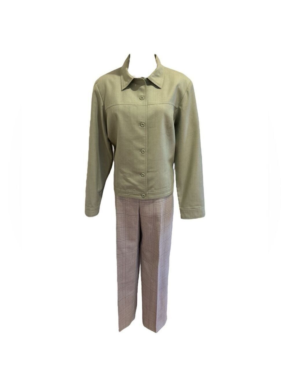 VINTAGE PENDLETON WOOL GREEN JACKET & MATCHING PLAID STRAIGHT LEG PANTS SZ 16